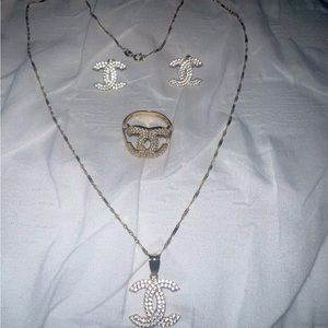 Chanel logo chain ring and earrings set